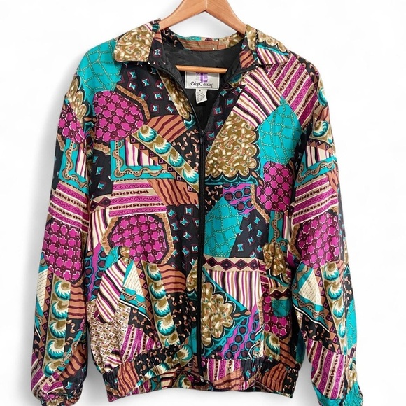 Oleg Cassini Jackets & Blazers - Vintage 80s Oleg Cassini Silk Multicolor Patchwork Bomber Jacket